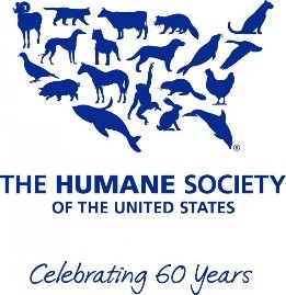 A blue logo with animals and the words " the humane society of the united states celebrating 6 0 years."